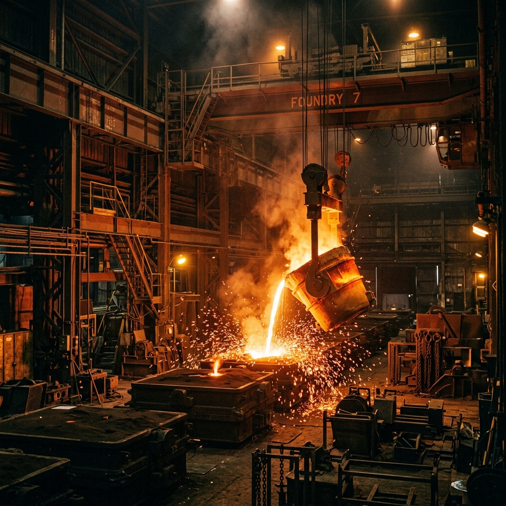 A massive steel foundry interior with molten metal pouring from a large crucible into industrial molds, glowing orange-red molten steel, dramatic industrial lighting, sparks flying, heavy machinery and overhead cranes visible, dark atmospheric setting with warm amber highlights, cinematic industrial photography style, no people